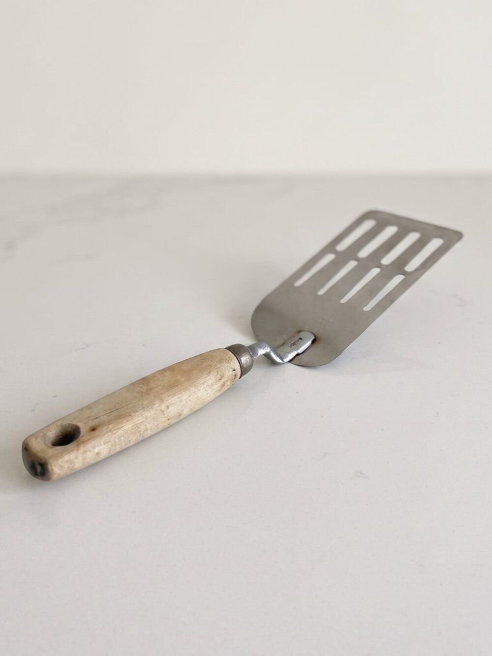 Vintage EKCO USA Chrome Slotted Spatula Turner Wood Handle 12” Kitchen Utensil